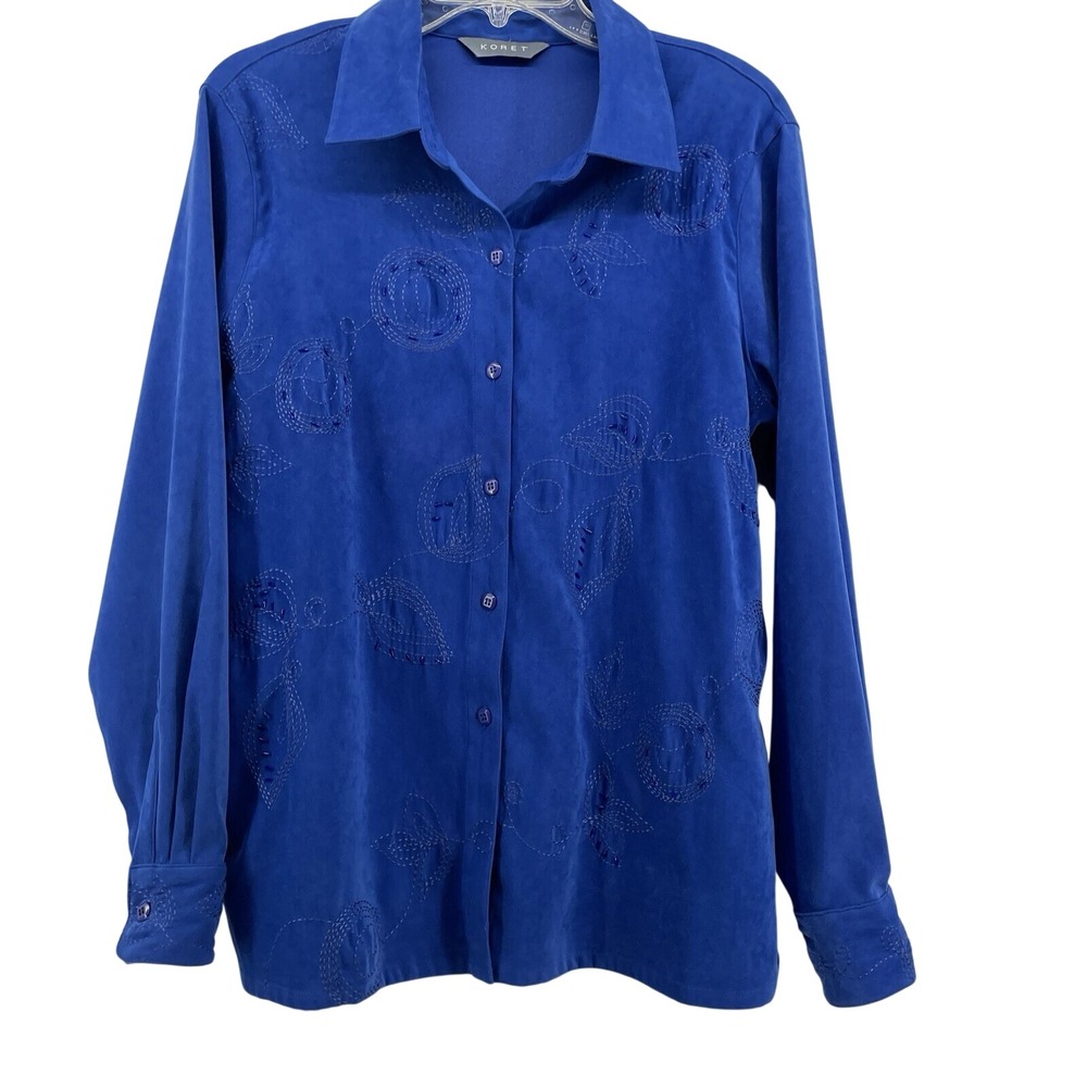 Vintage Koret Top Women's  XL Blue Velvet Beads Artsy Embroidery Button Up